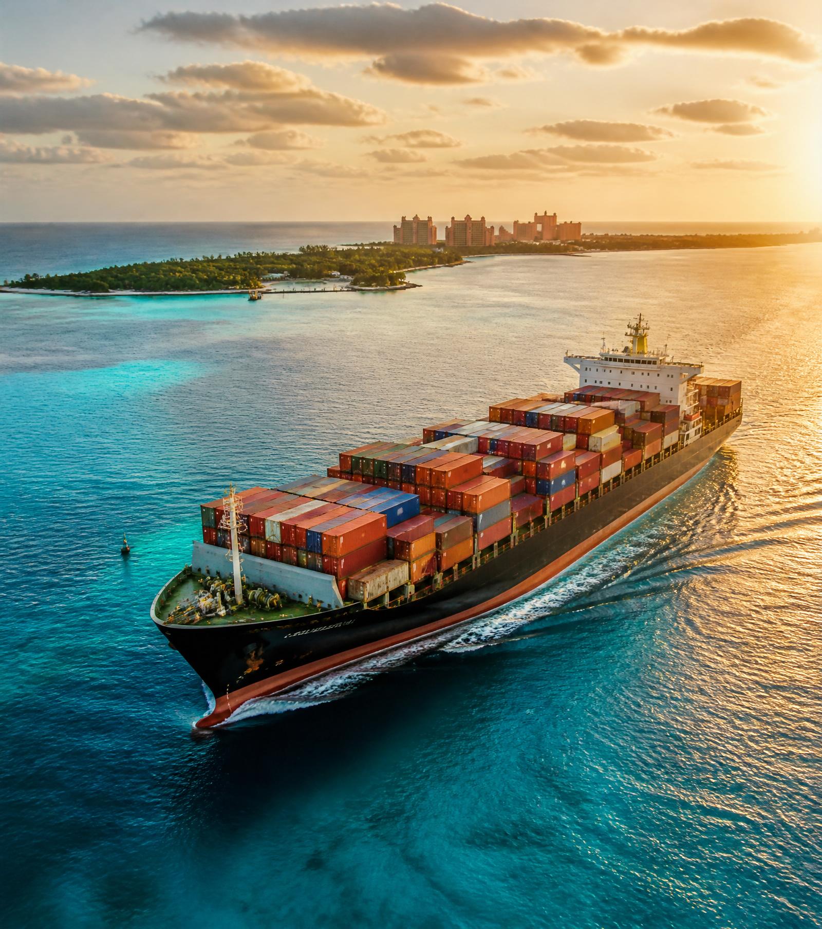 Cargo ship approaching Nassau at sunrise